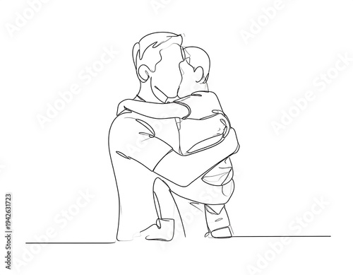 A linear illustration showcases a father embracing his child, captured with a single, continuous line against a white background