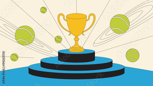 A golden trophy cup sits atop a blue podium surrounded by flying tennis balls in a celebratory scene.