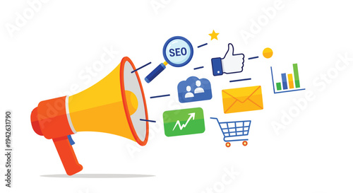 Digital marketing megaphone with various online business icons.