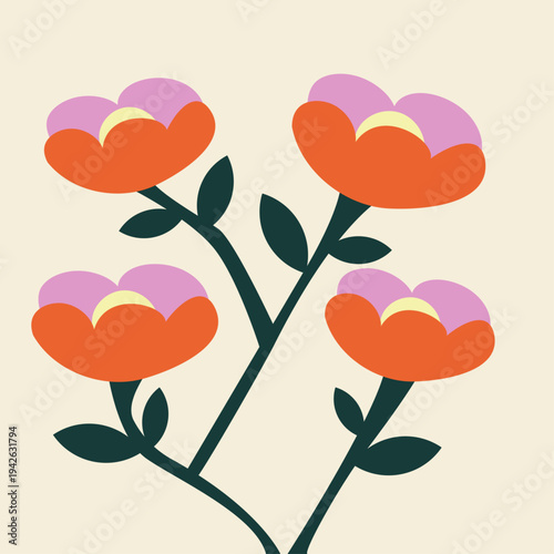 Abstract retro floral illustration with colorful flowers and leaves