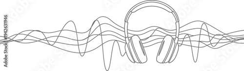 Continuous one line drawing of modern over-ear wireless headphones with abstract sound wave patterns representing music and audio experiences.