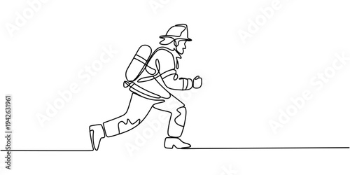 continuous line drawing of a firefighter in motion, wearing a helmet with a headlamp and a backpack, running with urgency. Single line firefighter running isolated on a white background