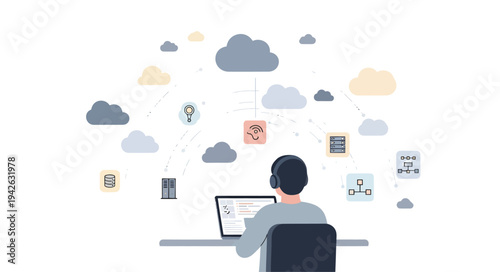 Person working on laptop with cloud computing and data storage.