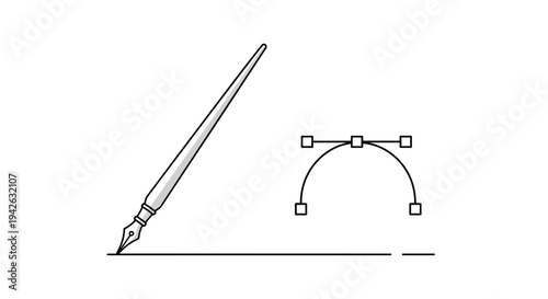 Fountain pen nib drawing smooth bezier curve with anchor points and control handles on clean white background.
