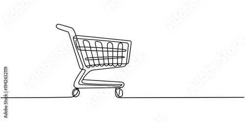 Minimalist one line art shopping cart illustration, simple continuous stroke drawing representing online retail, e-commerce, and purchase concepts Vector