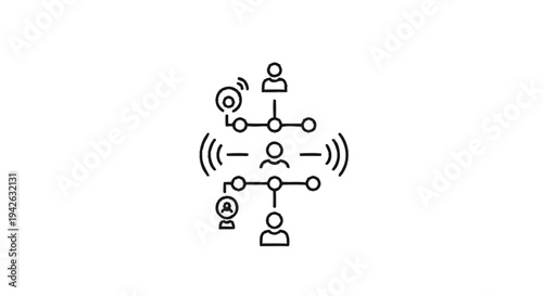 Network connections between people and devices illustrated with icons.