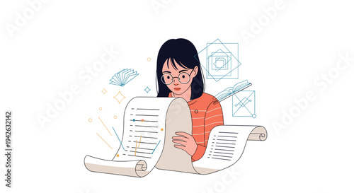 Young girl with glasses and dark hair examining long illustrated paper scroll with geometric shapes and sparkles.