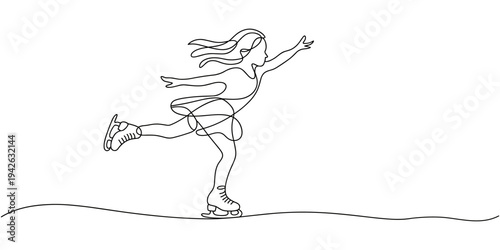 One single line drawing of young skateboarder woman exercise riding skateboard in city street vector illustration. Teen lifestyle and extreme outdoor sport concept. Modern continuous line draw design