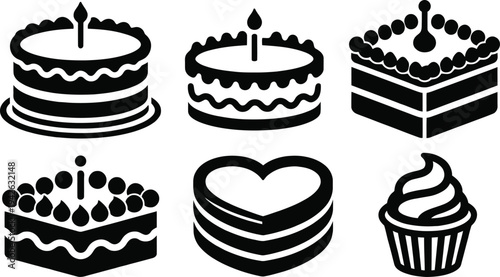 A set of birthday cake and cupcake vector illustrations featuring sweet chocolate cream, bakery treats like muffins with cherries, and colorful party dessert icons for a sugar-filled celebration