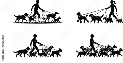 Professional Dog Walking Service Silhouettes Featuring Male and Female Walkers Leading Multiple Breeds of Dogs on Leashes