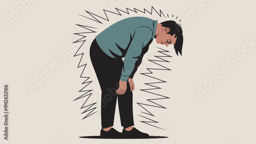 A man experiencing back pain and discomfort, bending over in agony with zigzag lines indicating stress and strain.