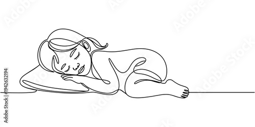 Sleeping a little girl. Vector line illustration, Continuous line drawing of child, childhood, newborn, new life, son, daughter, silhouette, motherhood, baby.
