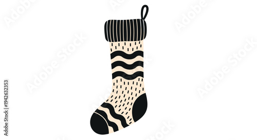 Festive black and cream Christmas stocking with wavy patterns and dotted textures hanging on white background.