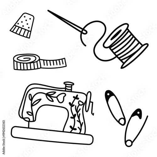 Sewing and needlework element set with sewing machine, thread and needle