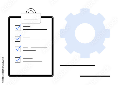 Clipboard checklist with highlighted tasks alongside a gear cog indicating process efficiency. Ideal for productivity, workflow, project management, organization, task planning, system operations