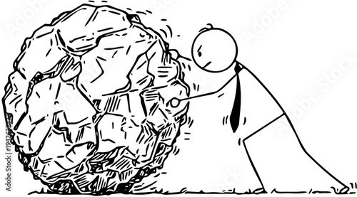 Illustration of a determined businessman stick figure relentlessly pushing a massive, rough boulder up a steep incline, representing hard work and overcoming great challenges