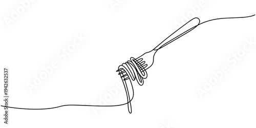 Pasta and spaghetti in One Continuous line drawing. Italy noodle on plate with fork for web banner and food delivery service in simple linear style. Editable stroke. Doodle Vector illustration