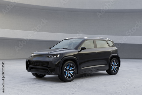 Slika na platnu Black Electric SUV with monolithic architecture background