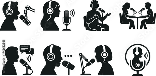 Professional Podcast and Radio Broadcasting Icon Set Featuring Male and Female Hosts Speaking into Microphones with Headphones