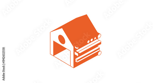 Isometric Log Cabin Building with Open Entrance and Window.