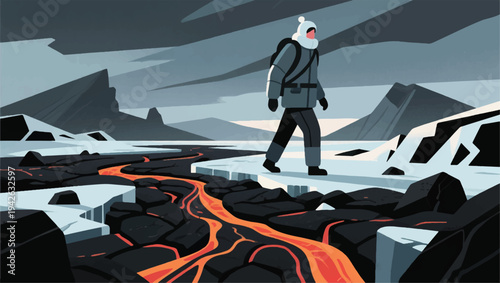 Illustration Of An Adventurer Walking On A Frozen Lava Field Vector Design Template