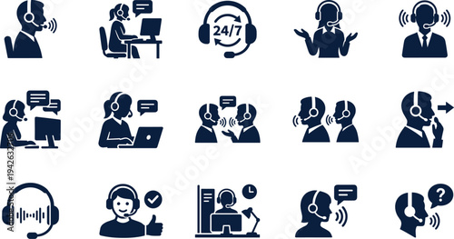 Professional Customer Support and Call Center Icon Set Featuring Agents with Headsets 24/7 Service and Online Technical Assistance