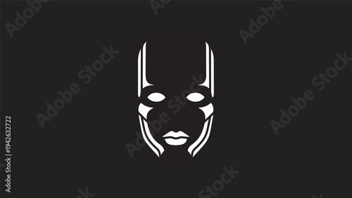Minimalist White Robot Face Silhouette on Dark Background.