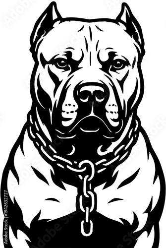 Striking monochrome portrait of a powerful and loyal canine, featuring a strong dog's head with an imposing chain, symbolizing courage and guardianship