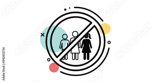 Black and white prohibition sign with red line across silhouettes of family members on colorful abstract background.