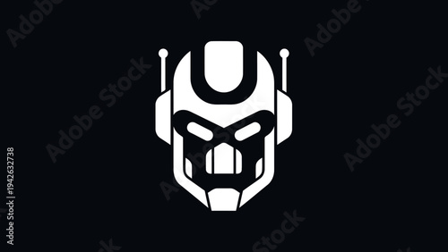 Minimalist White Robot Head Icon on Dark Background.
