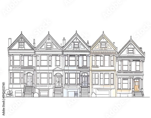 A linear sketch depicts a row of Victorian-style houses, showcasing architectural details with an emphasis on symmetry