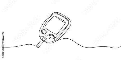 One continuous line drawing of Blood glucose meter test illustration. glucometer pharmacy equipment outline, Continuous single line drawing of a glucometer for monitoring blood sugar. Minimal editable