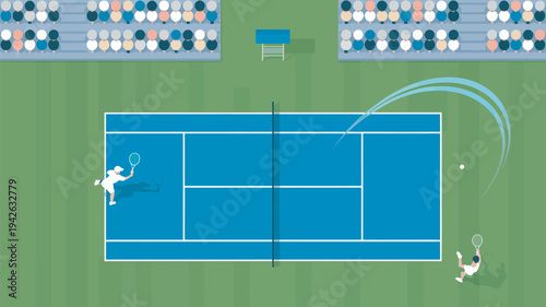 An overhead view of two tennis players competing on a blue court with spectators in the stands