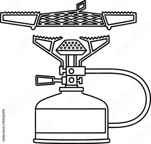 A simple line drawing of a portable camping stove with a burner and fuel tank.