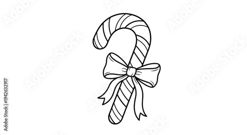 Black and white line drawing of traditional Christmas candy cane decorated with a large festive ribbon bow.