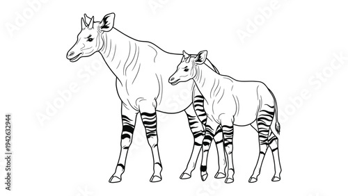Okapi Family Illustration: A mother okapi stands protectively beside her calf, their unique striped legs and gentle eyes capturing the essence of the African wilderness.