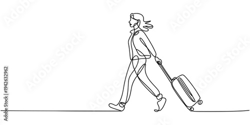 traveler woman standing with rolling bag on wheel continuous one line drawing , Self drawing of continuous line drawing of traveler standing with rolling bag on wheels.