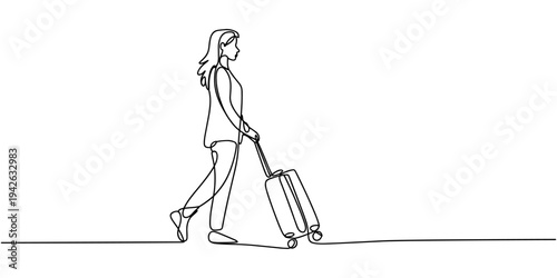 traveler woman standing with rolling bag on wheel continuous one line drawing , Self drawing of continuous line drawing of traveler standing with rolling bag on wheels.