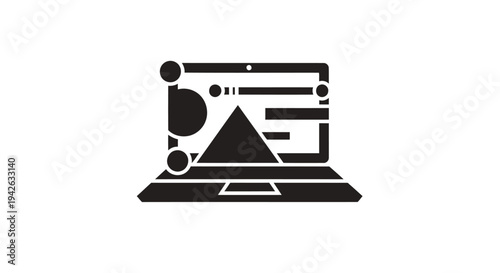 Laptop Screen Displaying Geometric Shapes and Data Visualization.