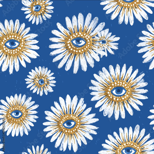 isolated clipart image of watercolor geometric ogee stripes evil eye sunrays daisies blue yellow handpainted repetitive pattern linocut vector ic