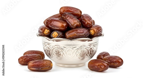 A close-up shot of a silver bowl filled with sweet, succulent dates, with more dates scattered around it on a white background