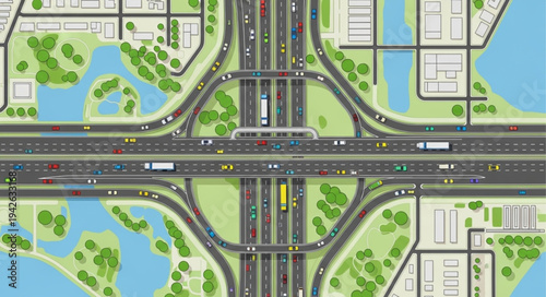 Aerial View of a Complex Highway Interchange with Multiple Lanes.