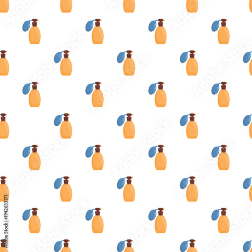 Repeating illustration of a yellow perfume bottle with a blue atomizer pump creating a cosmetic background
