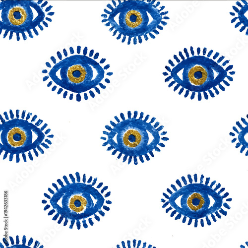 isolated clipart image of watercolor geometric bohemian evil eye blue yellow handpainted repetitive pattern linocut vector icon monochrome simple logo for