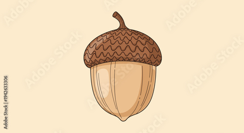 Simple cartoon illustration of a brown acorn with a wavy textured cap resting on a solid warm tan background.