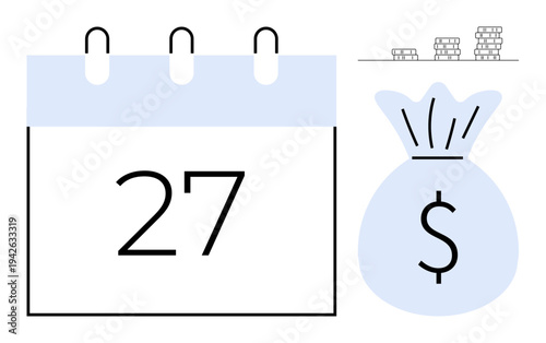 Financial planning, savings goals, budget management, expense tracking, payday organization, economic savings. Calendar with date, money bag with dollar sign stacked coins. Financial planning