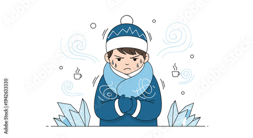 Shivering young boy wearing a blue winter coat, scarf, and hat standing in freezing cold weather on white background.