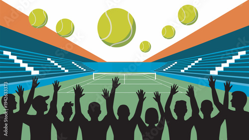 A crowd of people cheering at a tennis match in a stadium with flying tennis balls