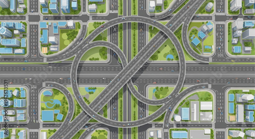 Aerial View of Complex Highway Interchange in Urban Area.
