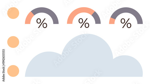 Data storage, analytics, digital reports, cloud computing, information management, technology trends. Cloud graphic with percentage indicators on a white background. Data storage and analytics
